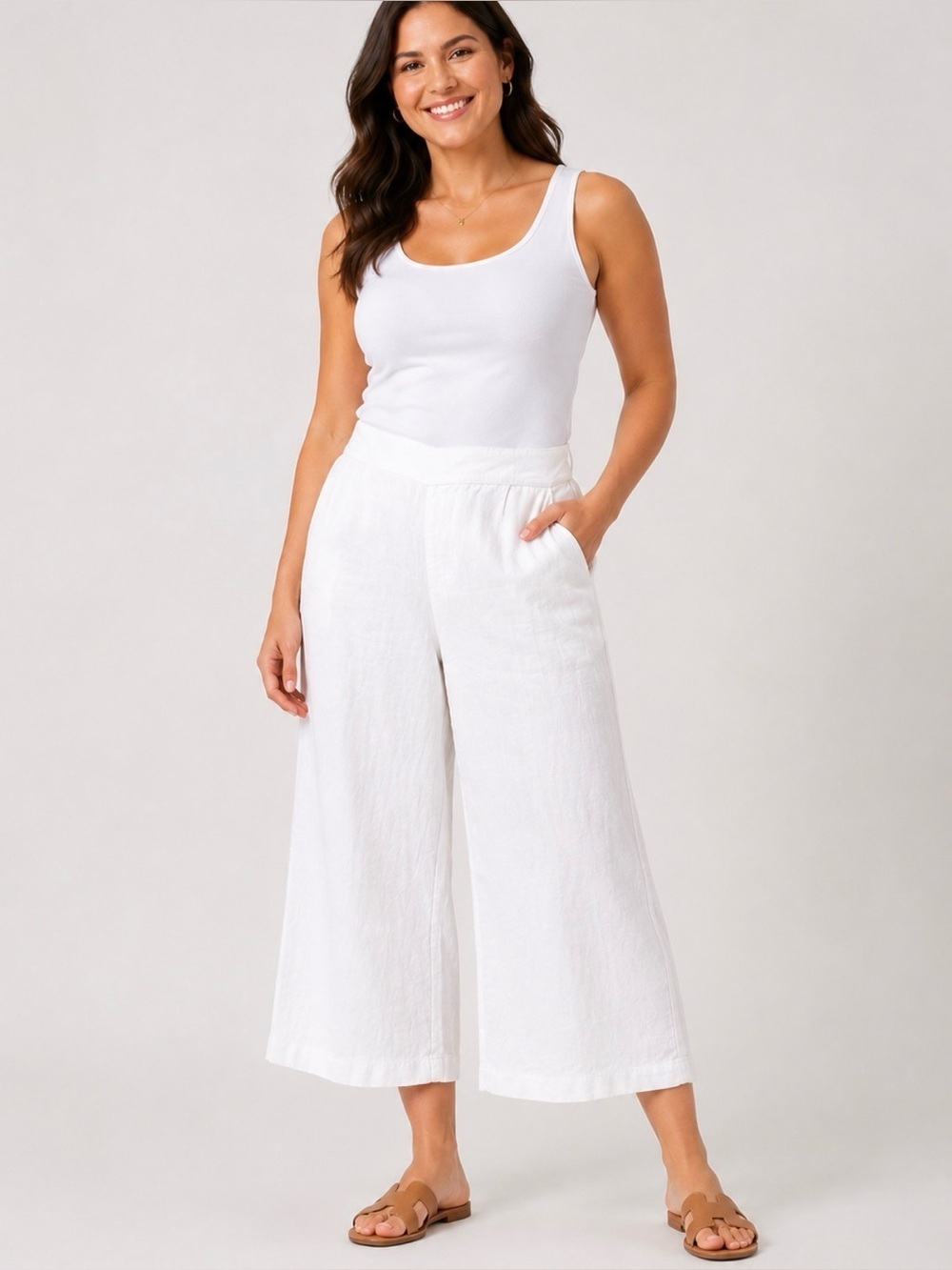 Flax M 100% Lithuanian linen white costal lagonlook resortwear crop pant